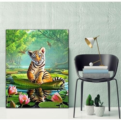 DIY colorings pictures by numbers with The tiger in the pool picture drawing Relief painting by numbers framed Home