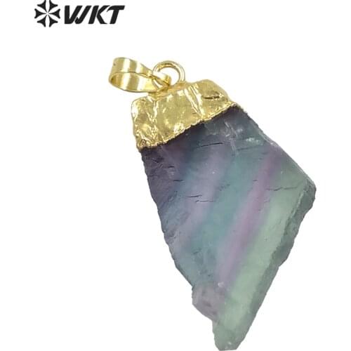 WT-P1656 Fashion natural raw stone fluorite pendant with gold electroplated lady bohemian style stone pendant in randomly shape