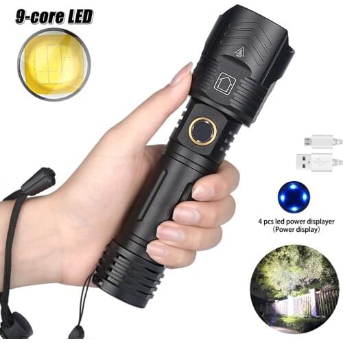 High Bright Flashlight USB Rechargeable Aluminum Alloy Torch Zoom Waterproof 9-core LED Lamp for Outdoor Hiking/Camping