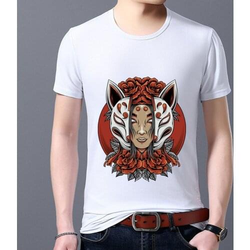 T-Shirt Mens Black Print Summer Commute All-match Short Sleeve Tops Japanese Style Comics Mask Pattern Series Male Tee Clothing