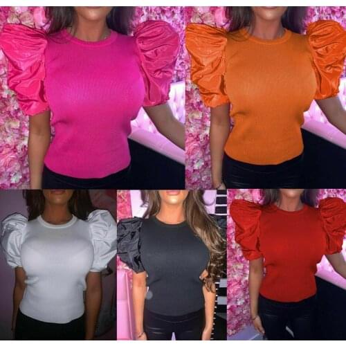 2020 Summer Ladies Newest Puff Sleeve Elastic T-shirt Skinny Knitting Tops T-shirt Women Fashion Trendy Tshirt