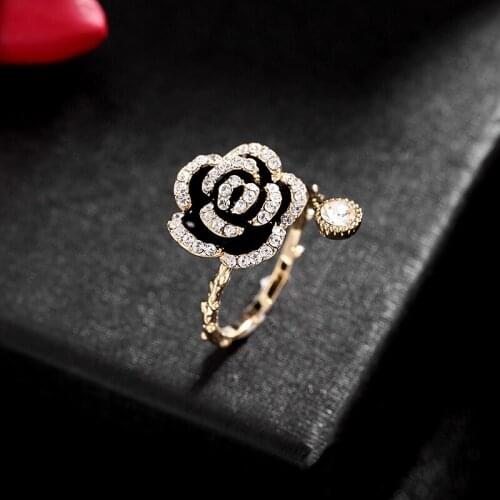 South Koreas New Retro Fashion Flower Ring Trend Gem Opening Adjustable Drop Oil Camellia Party Wild Sexy Simple Ladies Ring