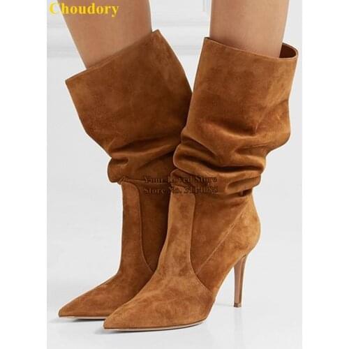 Choudory Brown Suede Folded Middle Boots Stiletto Heels Pointed Toe Dress Shoes Mid-calf Boots Loose Stylish Fall Outdoor Boots