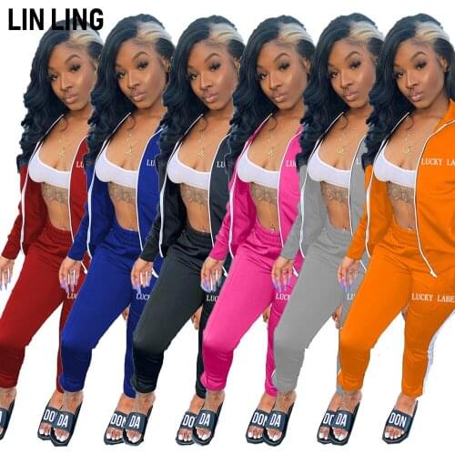 LINLING College Lapel Full Sleeve Solid Stripe Letter Embroidery Zipper Slim Casual Style Running Suit