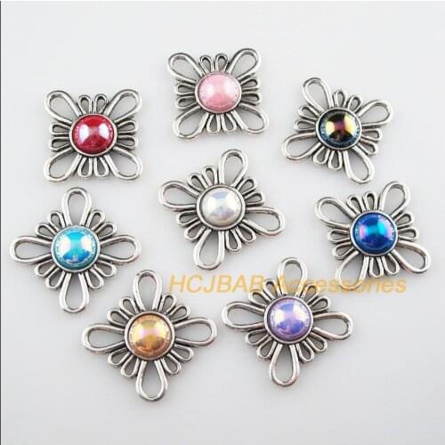 Fashion 8Pcs Tibetan Silver Flower Mixed Acrylic Charms Pendant Connectors 32mm