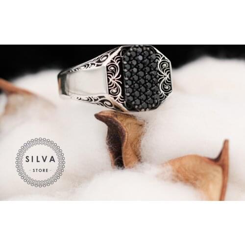 Original 925 Silver Mens Ring. Man Jewellery Ring With Black Zircon Stones