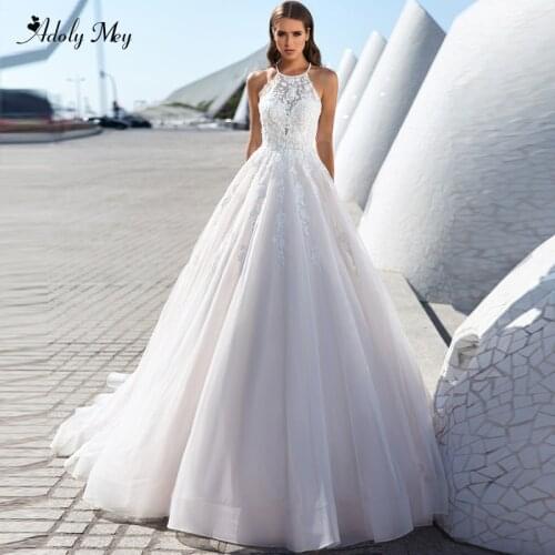 Adoly Mey Romantic Halter Neck Backless A-Line Wedding Dresses 2020 Court Train Appliques Beaded Princess Bride Gown Plus Size
