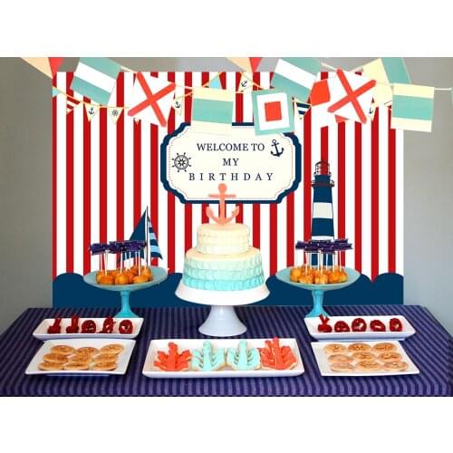 Nautical Themed Backdrop Navy Sea Birthday Party Backdrop Red Striped Banners Sail Bunting Curtain Lighthouse Photo Background