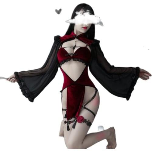 Dark Retro Witch Sexy Hollow Silk Sleeve Cheongsam Sexy Lingerie Set Witch Tight Game Wear Bandage Performance Costumes Erotic