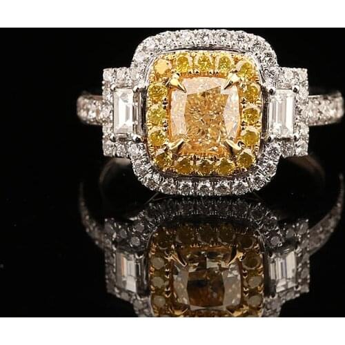 Solid 18K White Gold Yellow Moissanite Centre Cushion 2ct Baguette Halo Round Moissanite Fine Gold Jewelry For Women
