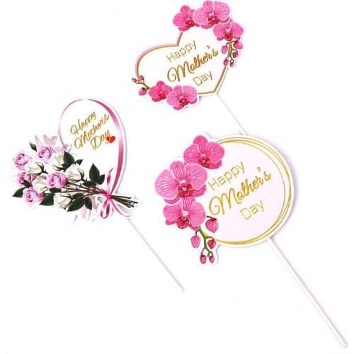 Cake Topper Pink Heart Flower Decoration Happy Mother`s Day Cake Toppers for Mother`s Day Gift Cupcake Dessert Supplies