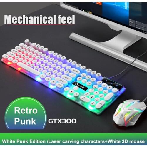 Retro Punk Keyboard Mouse Combos Mechanical Feel Gaming Backlit USB Wired Keyboard with Suspended Round Keycaps for PC Gamer