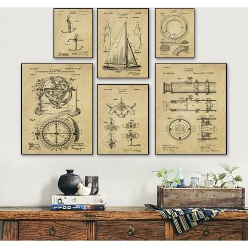 Vintage Sailing Patent Nordic Poster Lifebuoy Anchor Wall Art Print Canvas Painting Sailboat Wall Pictures For Living Room Decor