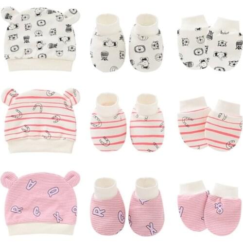 W3JF Baby Infants Anti Scratching Cotton Gloves+Ears Hat+Foot Cover Set Newborn Mittens Socks Beanies Cap Kit