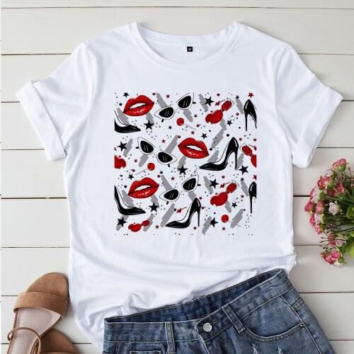 Women Short Sleeve Graphic Printing lips Ladies Clothes 90s Fashion Clothes Print Tshirt Female Tee Womens Tops T-shirt