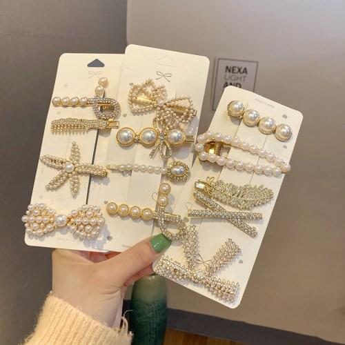 1 Lot Handmade Pearl Hair Clips Pins for Women Fashion Vintage Luxury Rhinestone Pearl Bow Flower Barrette Hairpin Set Wholesale