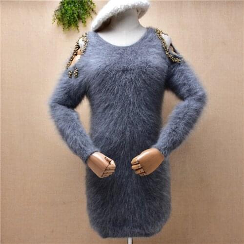 Female women winter beading hairy mink cashmere knitted off shoulder sleeves slim blouses angora fur jumper sweater dress pull