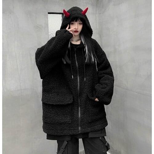 Harajuku Gothic Little Devil Lambwool Hooded Jacket Women Winter New 2020 Warm Thick Coat Female Harajuku Black Oversized Tops