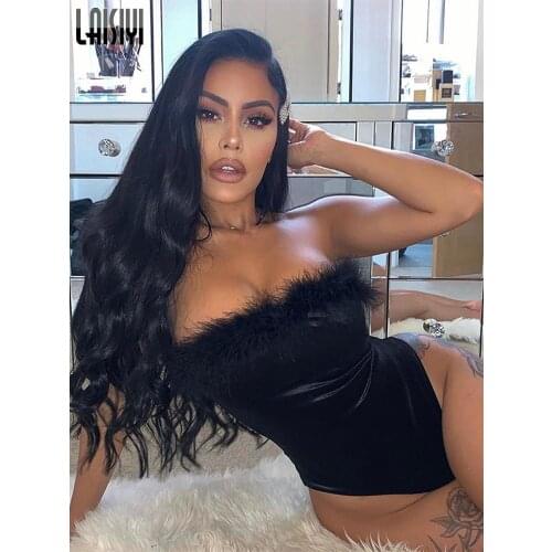 Bodysuit WomenVelvet Fur Patchwork Tube Sexy Bodysuit Autumn Winter Women Streetwear Club Outfits Bodycon Body 2021
