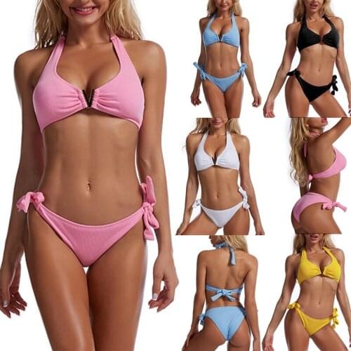 Womens Fashion Sexy V-Neck Solid Color Neck Bikini 2-Piece Swimsuit