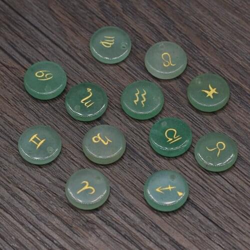 12pc/set Natural Stone Green Aventurine Beads Reiki Heal Engraved Symbols Round Divination Rune Bead for Women