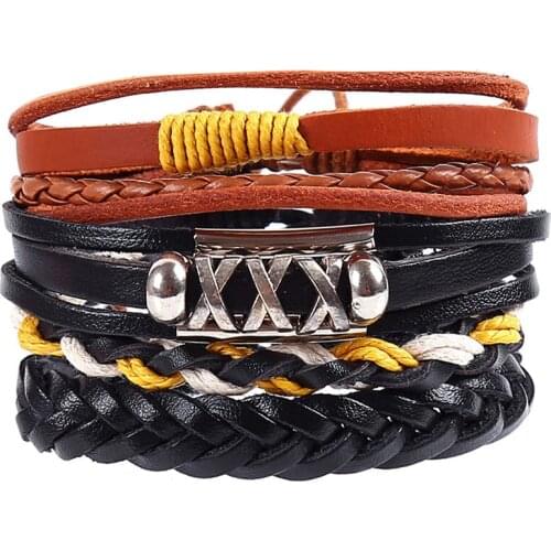 4pcs/set hippie punk black brown leather triple X charm wax cord knots wrap wide Bracelets Bangles for man hand jewelry