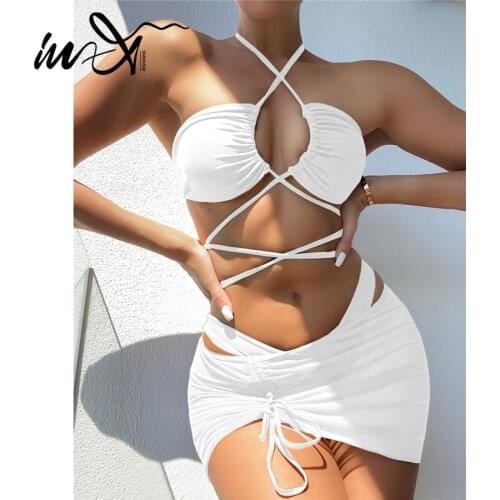 In-X Bandage bikini set Solid womens swimsuit 2021 Bandeau swimwear female Skirts 3 pieces set Sexy bathing suit beach wear new