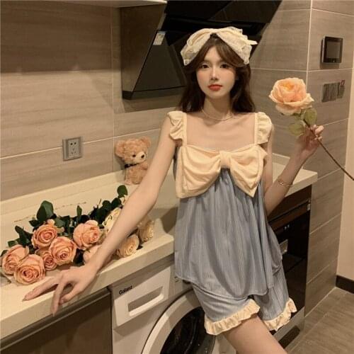 Contrasting Color Bow Sling Blouse Womens Summer New Korean Style High Waist Loose Shorts Pajamas Home Service