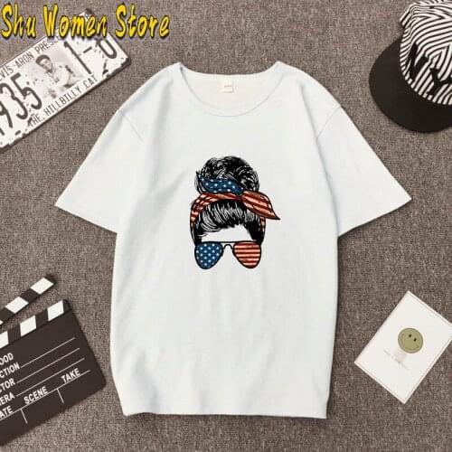 Skull with USA Flag Glasses Colored Print Cotton Women Tshirt Funny Summer Casual Short Sleeve Top Holiday Tee y2k shirt