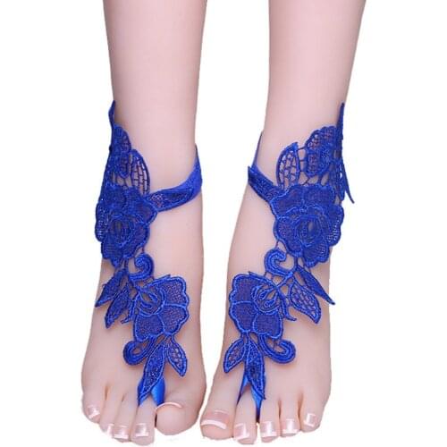 Elegant Royal Blue Lace Wedding Barefoot Sandals Bridal Anklet Shoes With Toe Sandbeach Bridesmaid Foot Jewelry 2020