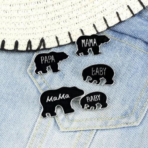 Cute Black Bear Enamel Pin PAPA MAMA BABY Family Brooch Animal Parental Souvenir Jackets Lapel Badge Fashion Jewelry Kids Gifts