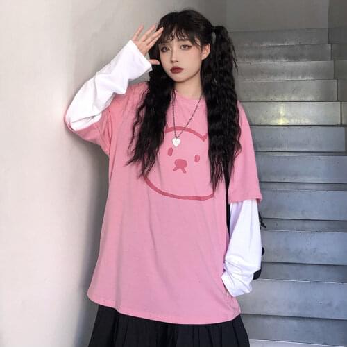 Long-sleeved T-shirt Womens Graphic T Shirts Autumn Clothing Korean Kawaii Clothes Bear Loose Fake Two-piece Tops Streetwear