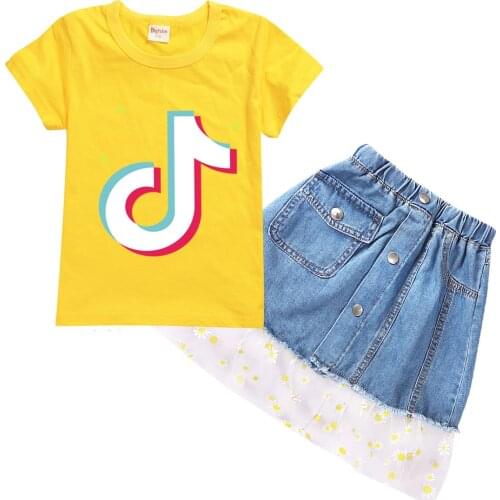 TIK TOK Girls Set For Teen Girl Denim Cloth Kids Cartoon Cotton T Shirt Tee+Bow Floral Skirt 2PCS Outfit Children Suit
