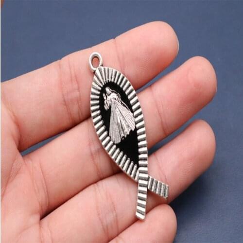 Jesus Cross Blue Mercy Jesus Fish Medal, Christ Cross Necklace DIY Jewelry Necklace Medal