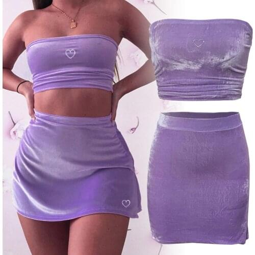 Sweet Women 2 Piece Pink Velvet Sets Cute Love Heart Hot Drilling Outfits Strapless Tops High Waist Skirts Two Piece Party Suits