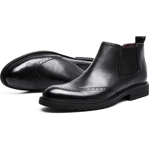 European High-end Male Shorts Fashion Chelsea Boots Trend Round Toe Genuine Leather Mens Slip On Ankle Boots Wing Tip Black