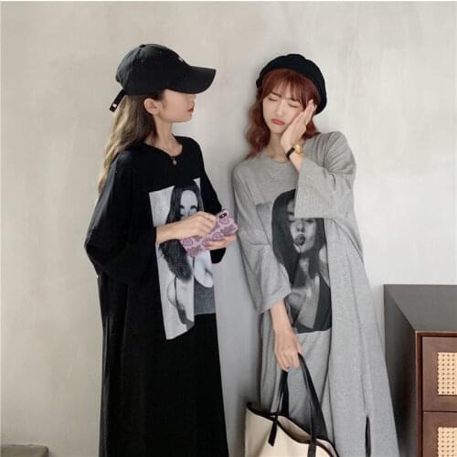 2021 New Short-sleeved Womens Loose and Comfortable Mid-length Over-the-knee Lazy Straight Casual T-shirt Dress