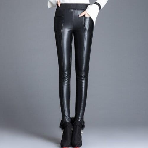 New Women Pu Leather Pants High Waist Ladies Warm Elastic Stretch Faux Leather Pencil Pants Female Black Skinny Long Trousers