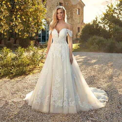 New Arrival Sweetheart Off Shoulder Appliques Lace Zipper Tulle Boho A-Line Wedding Dress 2020 Vestido De Noiva