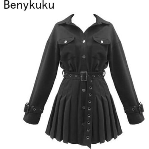 Autumn Winter Gothic Punk Black Long Sleeve Pleated Shirt Dress Button Up High Waist Female Sexy Slim Short Belted Mini Dresses