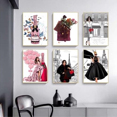 Posters And Prints Wall Pictures For Living Room Fashion Girl Bag Balloon Champagne Salon Wall Art Print Canvas Painting Nordic