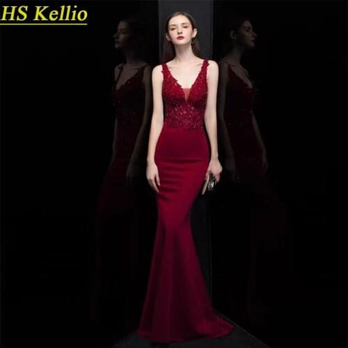 Evening-Dress-Long Pretty Sexy Vneck Evening-gown Mermaid Burgundy Color HS Kellio