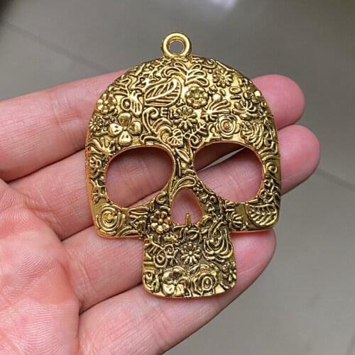 3Pcs/lot 66x49mm Large Skull Charm for Jewelry Making Big Flower Skull Pendants Charm Antique Gold Silver Color Accessories