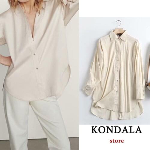 KONDALA Za Office Lady Cotton Beige Shirts Women Oversized Single Button Long Shirts Female Fashion 2021 Chic Mujer Tops