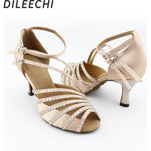 DILEECHI Skin color satin rhinestones shoes womens Latin dance shoes soft dance shoes outsole Salsa Tango Square dance shoes