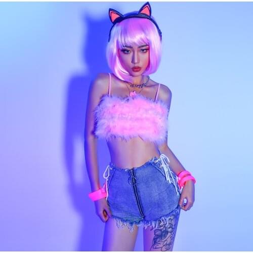 Adult Jazz Dance Costume Pink Plush Vest Shorts Set Nightclub Gogo Pole Dancing Performance Stage Clothes Rave Outfit YS1882