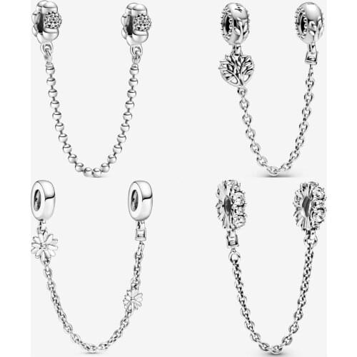 New 925 Sterling Silver Heart Family Tree Safety Chain Charm Fit pandora Bracelet Clear Sparkle Safety Chain Charm DIY Jewelry