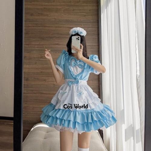 S-5XL Lolita Sweet Cream Blue Heart Apron Maidservant Maid Restaurant Dress Uniform Outfits Anime Cosplay Costume
