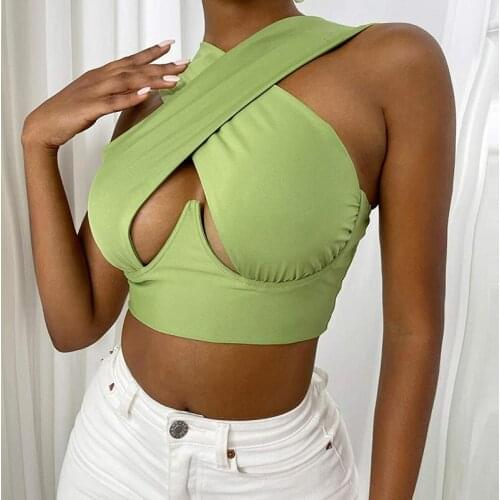 Solid Halter Crop Tops Women Bandage Hole Sexy Backless Tanks Vest Skinny Party Clubwear Female Hot Outwear Outfits Summer