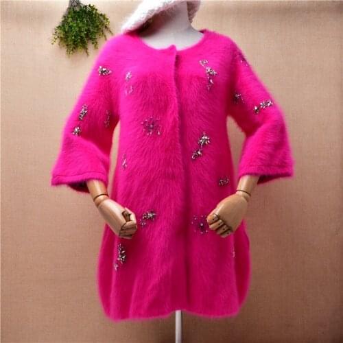 Ladies women autumn winter thick warm hairy mink cashmere knitted beading slim cardigan jacket long sweater angora fur coat pull